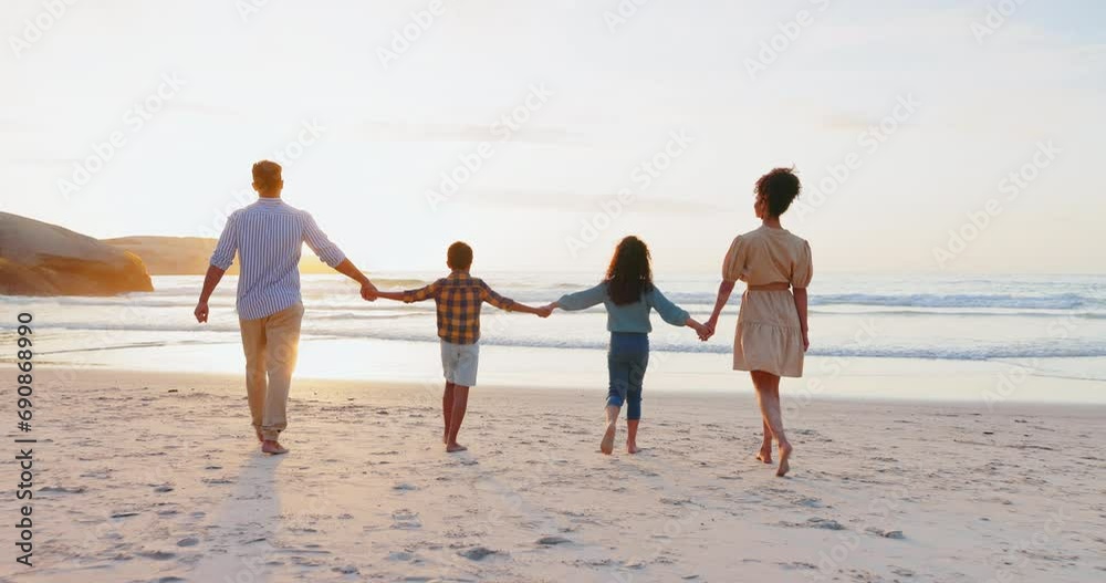 Sticker Back, holding hands and family with sunset, beach and vacation with ocean, water and support. Parents, mother and father with children, kids and wellness with adventure, seaside or holiday on a break