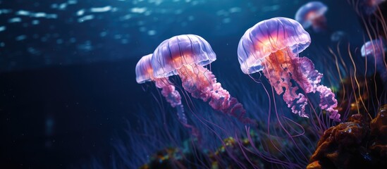 Purple jellyfish swim in their natural habitat with sunlight reaching through the water surface.