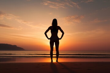 Fototapeta na wymiar Photo of a fitness instructor on a beach at sunrise. Generative AI