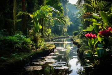 Photo of a lush and vibrant tropical rainforest with exotic wildlife. Generative AI