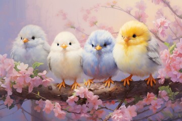  A group of fluffy, pastel-colored chicks exploring a flower-filled garden, their downy feathers creating a charming contrast against the blooming blossoms.