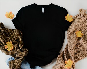 Black Bella Canvas 3001 Camiseta Mock up Fall T-shirt Autumn Rolled Sleeve Shirt Mock Up Styled...