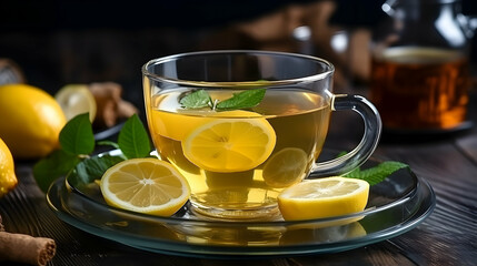 Cozy herbal tea with lemon and mint, perfect for relaxation and wellness themes.
