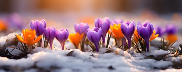 Purple crocuses piercing through snow at sunset, heralding the arrival of spring