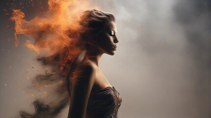 A modern abstract background with burst smoke with fire, in that fire a silhouette female model in a cobra pattern dress in that burst of smoke, dust and fire, bomb blast, show speed, side angle