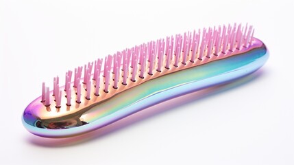 a holographic hairbrush, reflecting an array of colors on a tranquil white surface.