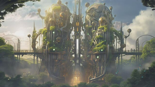 steampunk botanical building with machinery and nature landscape. 4k animated background