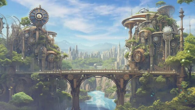 steampunk botanical building with machinery and nature landscape. 4k animated background
