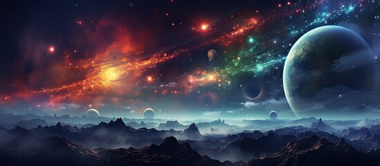 Colorful asteroid belt amid a starry nebulous galaxy backdrop. - obrazy, fototapety, plakaty