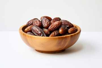 Obraz premium Dates in a wooden bowl on a white background generative AI