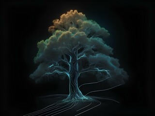 tree, glowing lines, black background, for design, isolated