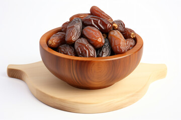 Dates in a wooden bowl on a white background generative AI