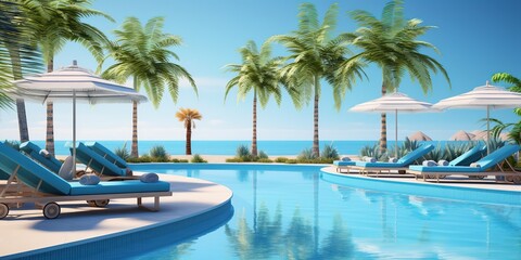 Fototapeta na wymiar Luxurious beach resort with swimming pool and beach chairs or loungers umbrellas with palm trees and blue sky