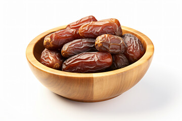 Dates in a wooden bowl on a white background generative AI