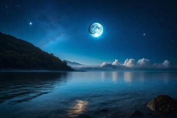romantic moon with clouds and stary sky over sparking blue water - obrazy, fototapety, plakaty