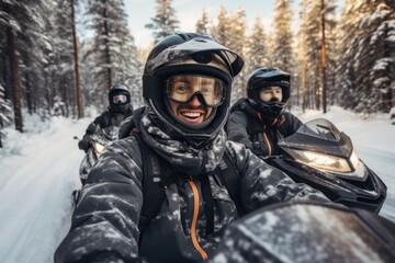 Fototapeta na wymiar A group of young friends take a selfie while riding through a snowy forest on snow scooters. Active holiday in winter in the company of loved ones