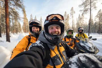 A group of young friends take a selfie while riding through a snowy forest on snow scooters. Active holiday in winter in the company of loved ones