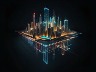 transparent glowing city, glowing lines, black background, for design, isolated