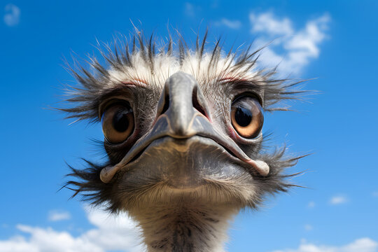 Close up of head of funny emu bird with large eyes in front of blue sky