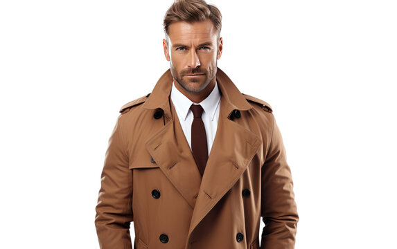 Fashionable Man Embracing Trench Coat Elegance Isolated on a Transparent Background PNG.