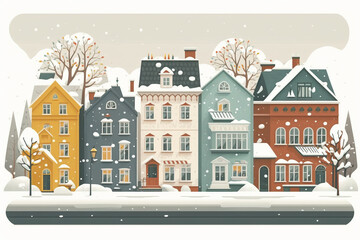 Obraz premium Winter Europe old town street. Winter town, city panorama. Happy New Year and Merry Christmas. Horizontal banner in Scandinavian style.