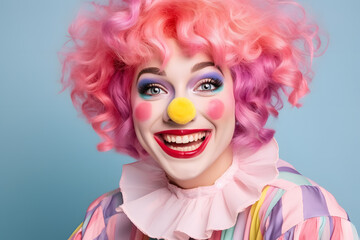 Woman dressed up with pastel colored clown costume with pink curly wig, yellow clown nose and face paint in front blue background - Powered by Adobe