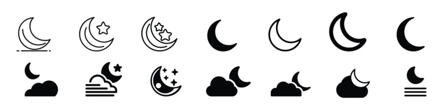 Moon icon vector. Moon an star icon. Moon phases astronomy icon set, Set of simple moon line icons. Outline stroke object. Sun and moon icon, Moon phases flat icon, Moon and stars at night flat icon