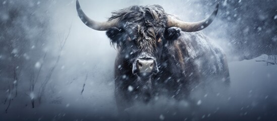Snow-covered Black Angus cow in blizzard. - obrazy, fototapety, plakaty