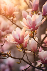 Obraz premium Pink blooming Magnolia tree flowers in spring with beautiful morning sunrise light