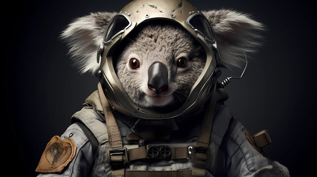 The koala wearing a space explorer suit