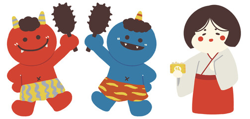 金棒を持った赤鬼と青鬼と福豆を持った福のイラスト