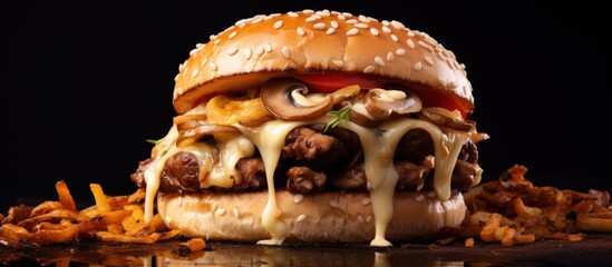 A tasty burger with Swiss cheese and fried mushrooms on a kaiser bun.
