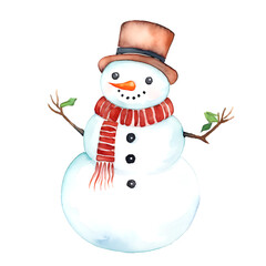 Watercolor Christmas Snowman. Clipart. AI generated.