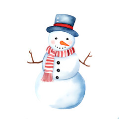 Watercolor Christmas Snowman. Clipart. AI generated.