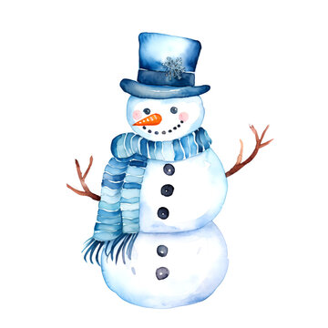 Watercolor Christmas Snowman. Clipart. AI generated.