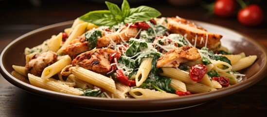 Chicken, sun dried tomatoes, spinach, and cheese on top of penne pasta, served on a ceramic plate from a top view. - Powered by Adobe