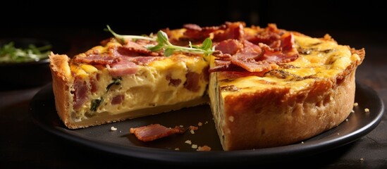 Close-up of a cheese and bacon filled quiche on a dark concrete table.
