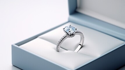 a platinum ring set within a silver ring box on a luminous white surface, exuding sophistication and prestige.