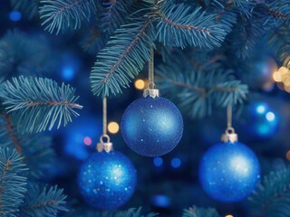 Fototapeta na wymiar Christmas tree with ornaments on a blue bokeh sparkling background.