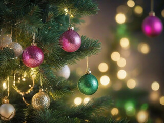 Fototapeta na wymiar Christmas tree with ornaments on a bokeh sparkling background.