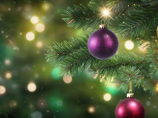 Christmas tree with ornaments on a  bokeh sparkling background.