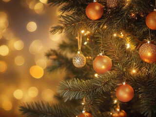 Obraz na płótnie Canvas Christmas tree with golden Christmas balls on a blure bokeh sparkling background.