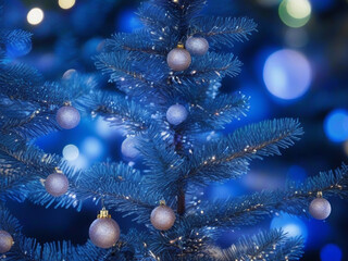 Obraz na płótnie Canvas Christmas tree with ornaments on a blue bokeh sparkling background.