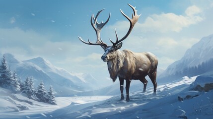 A regal reindeer majestically traversing a snowy wilderness, its large antlers symbolizing the grandeur of the winter season.