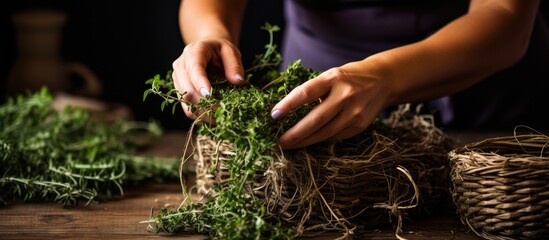 Woman's hands tying thyme sprigs with jute rope, showcasing herbal harvest, aromatic spice,...