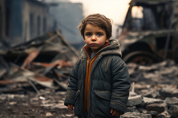 Young toddler 3 years old boy not looking in camera, ruins of bombed destroyed house building due to war conflict area on background. Effect from war humanity mankind loss and waste big loss concept.