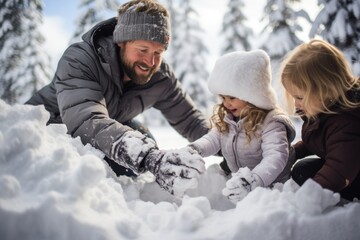 Fototapeta na wymiar Family building an impressive snow fort together, collaborative winter activity