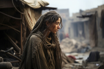 An Arab girl with flowing hair in poor gray clothes against the background of ruins and a poor hut. World peace concept. - obrazy, fototapety, plakaty