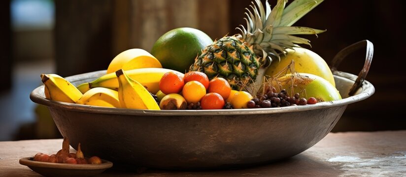 Metal washbowl with tropical fruits used by street vendors in Cartagena, Colombia.