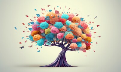 Human brain tree with flowers, self care and mental health concept, positive thinking, creative mind. Generative AI